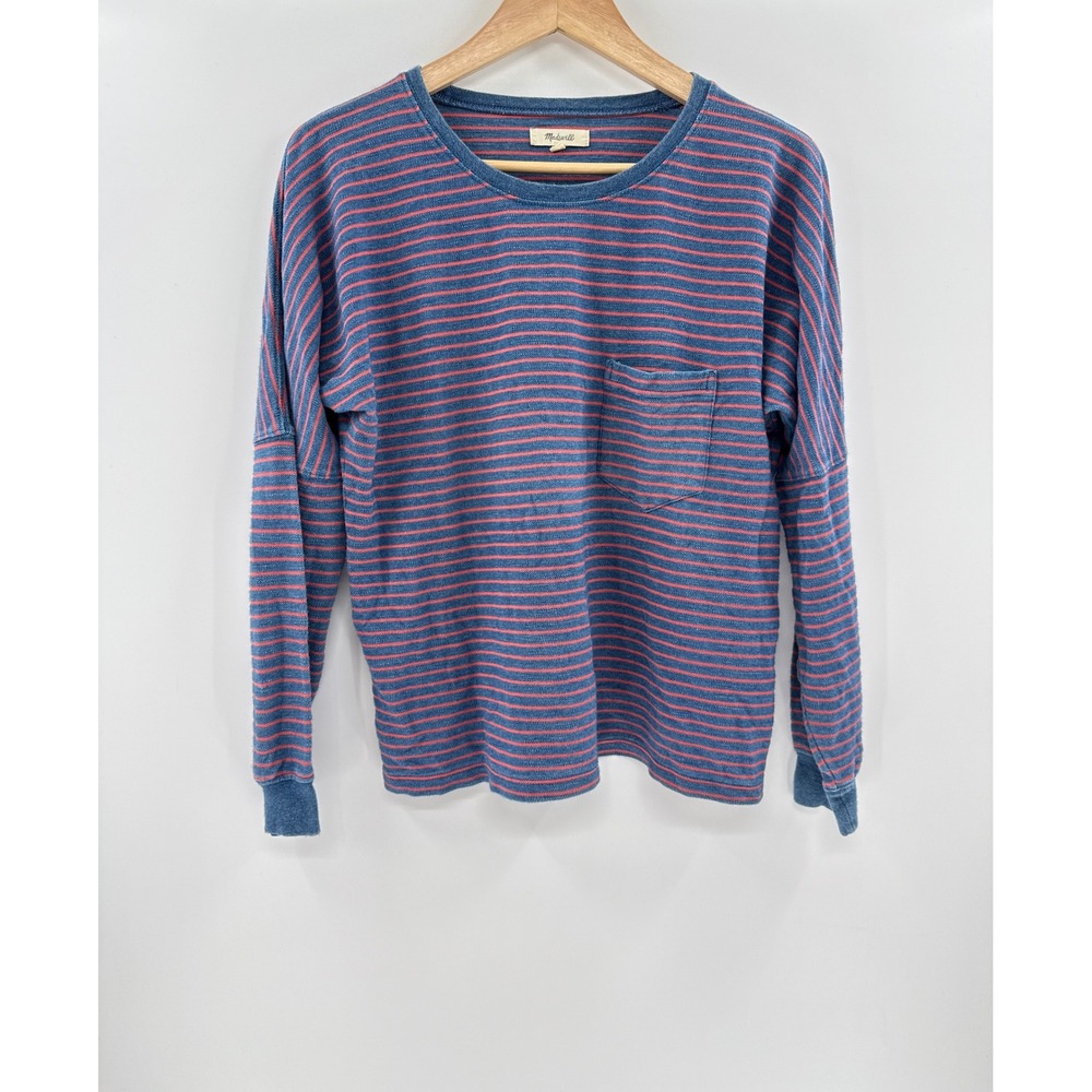 Madewell Womens Small Blue Red Striped Long Sleeve Pocket Tee Drop Shoulder